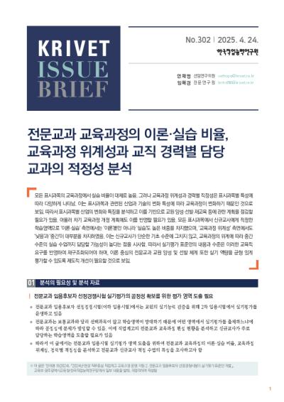  KRIVET Issue Brief 302호 전문교과 교육과정의 이론·실습 비율, 교육과정 위계성과 교직 경력별 담당 교과의 적정성 분석 표지이미지