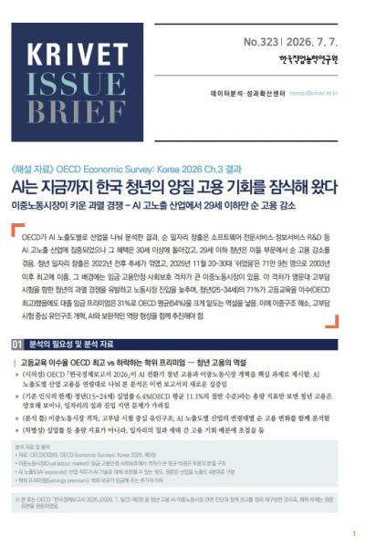 KRIVET Issue Brief 323호 AI는 지금까지 한국 청년의 양질 고용 기회를 잠식해 왔다 표지이미지
