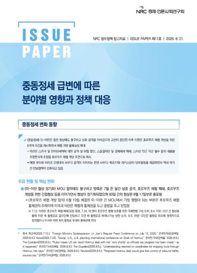 [NRC 정부정책 참고자료] 중동정세 급변에 따른 분야별 영향과 정책 대응 이슈페이퍼 제11호 표지이미지
