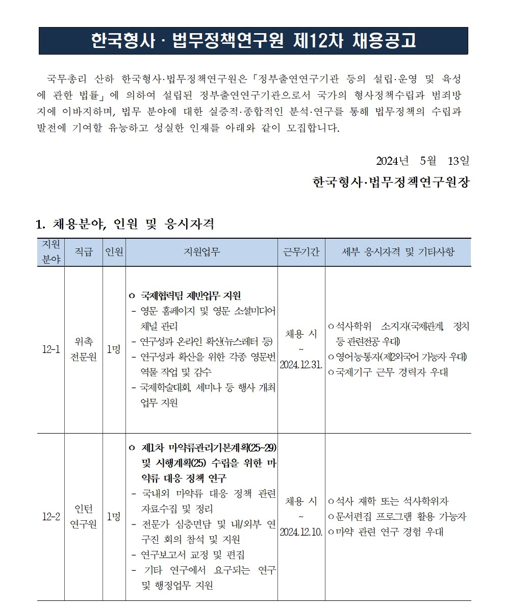 (1/4)[한국형사·법무정책연구원] 2024년도 제12차 채용공고문 - 자세한 내용은 하단 참조