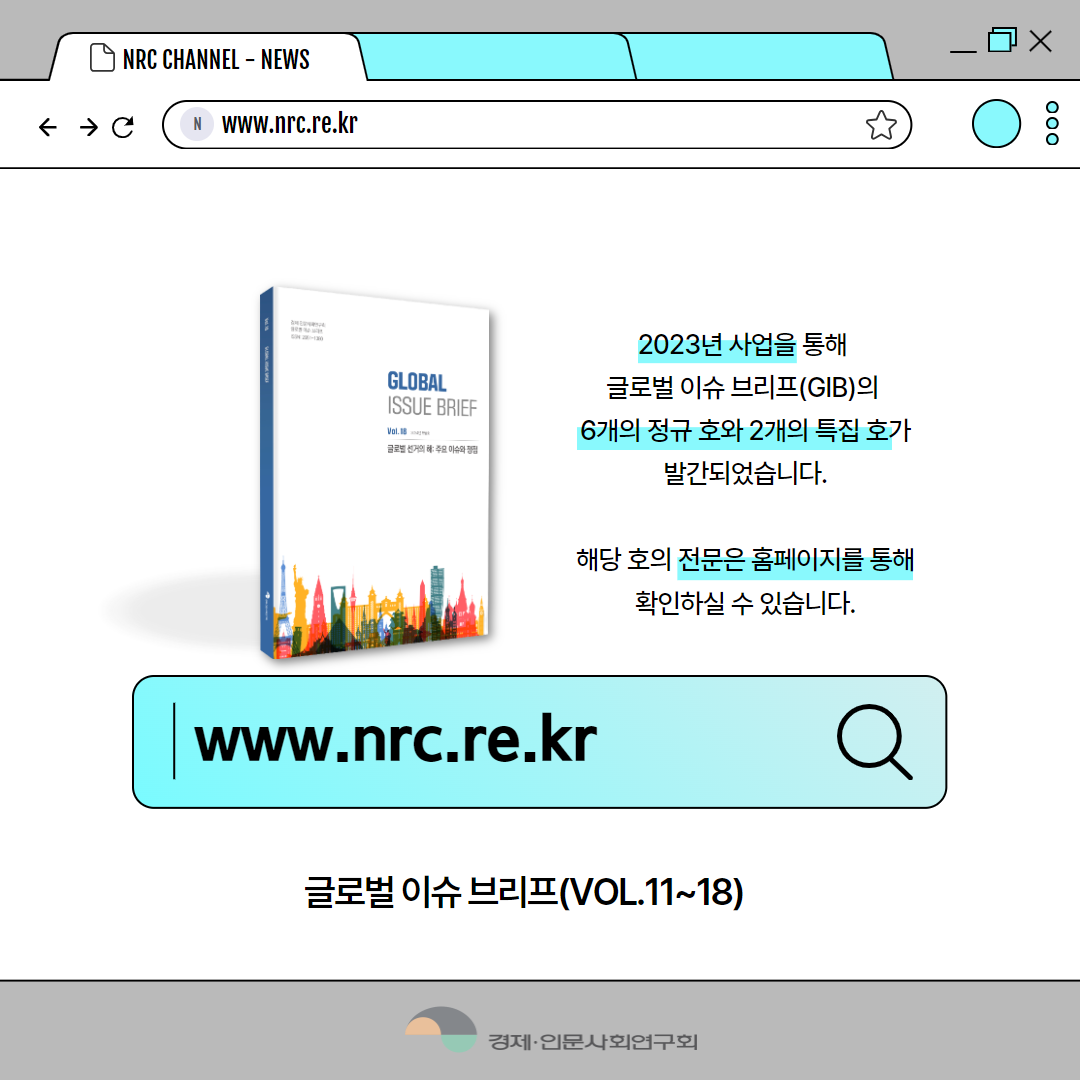 (11/11) NRC CHANNEL - NEWS(www.nrc.re.kr) | 2023년 사업을 통해 글로벌 이슈 브리프(GIB)의 6개의 정규 호와 2개의 특집 호가 발간되었습니다. 해당 호의 전문은 홈페이지를 통해 확인하실 수 있습니다. | www.nrc.re.kr | 글로벌 이슈 브리프(VOL.11~18) | 경제·인문사회연구회