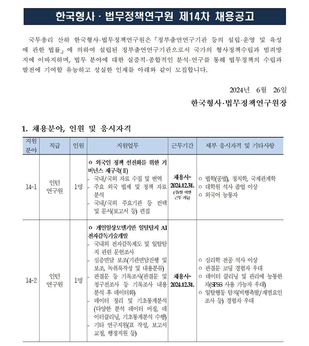 (1/3)[한국형사·법무정책연구원] 2024년도 제14차 채용공고 - 자세한 내용은 하단 참조