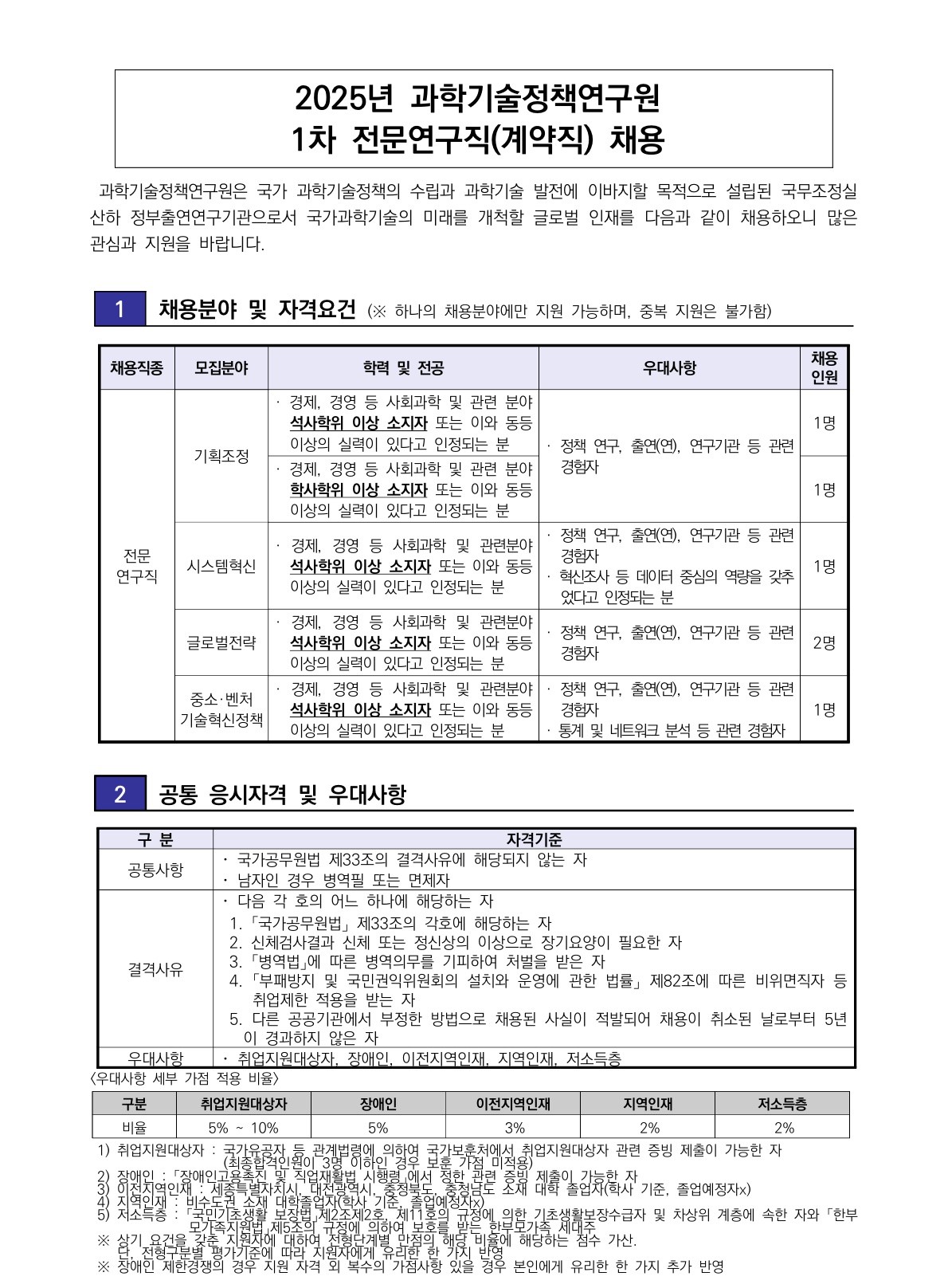 [과학기술정책연구원] 2024년 1차 전문연구직(계약직) 채용 - 자세한 사항은 [붙임1] 2025년 1차 전문연구직(계약직) 채용 공고문.pdf 참조