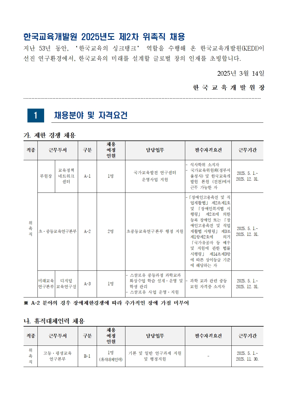 [한국교육개발원] 2025년도 제2차 위촉직 채용 - 자세한 사항은 아래 pdf 참조