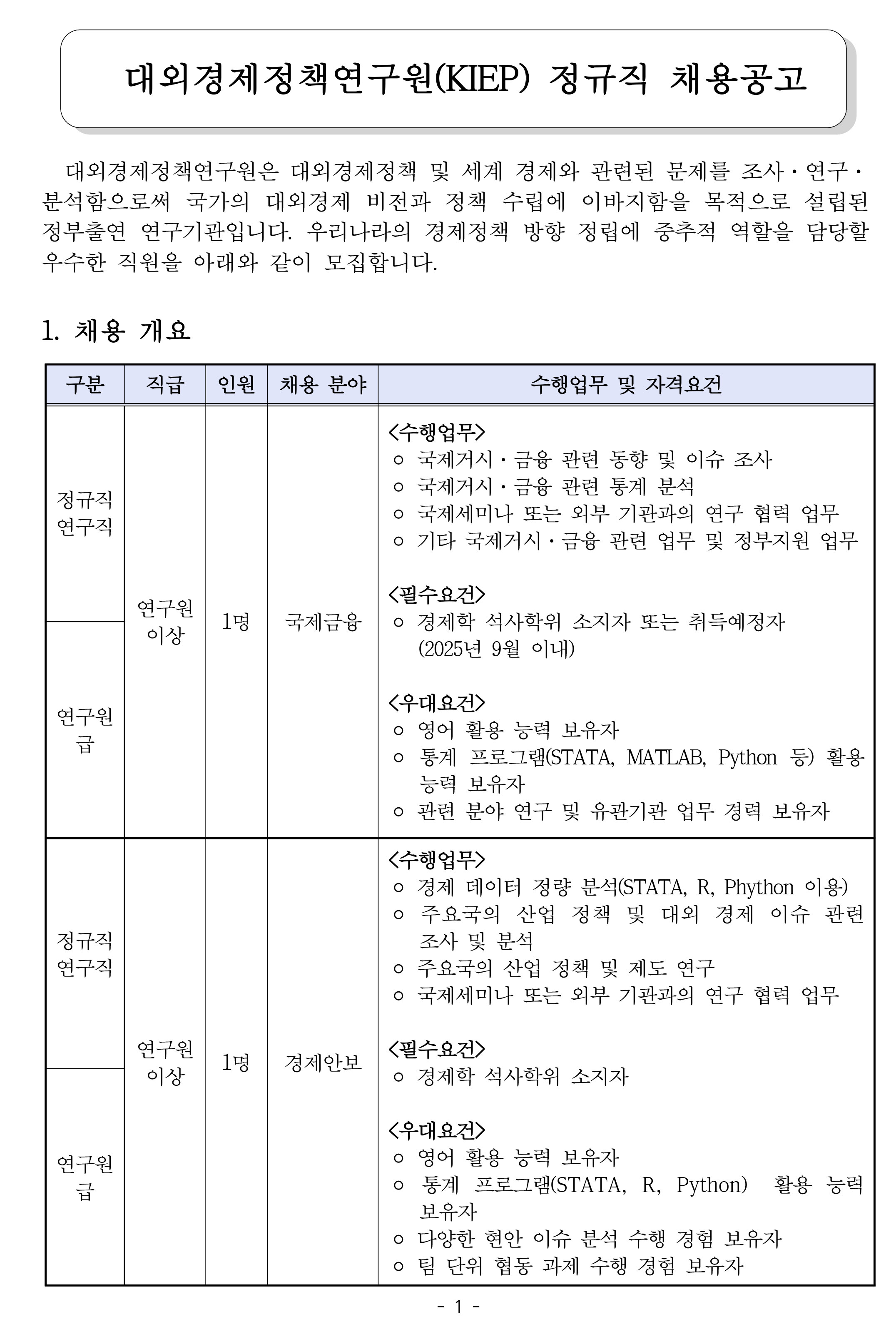 [대외경제정책연구원] KIEP 정규직 연구원급 채용공고 (국제금융, 경제안보) - 자세한 사항은 아래 pdf 참조