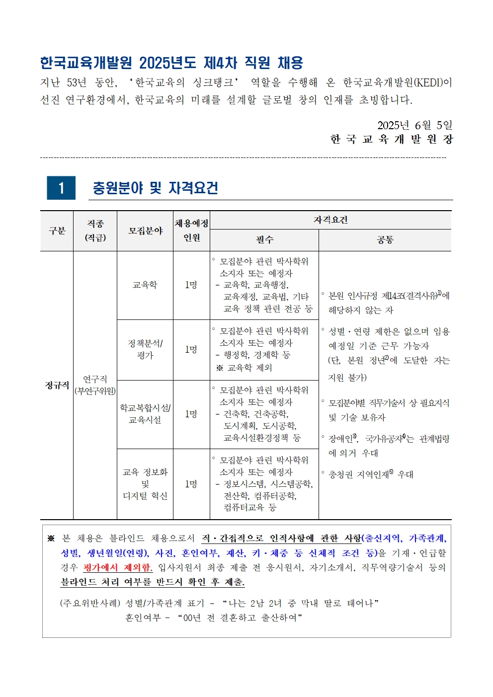 [한국교육개발원] 2025년도 제4차 직원 채용(연구직) - 자세한 사항은 아래 글 참조