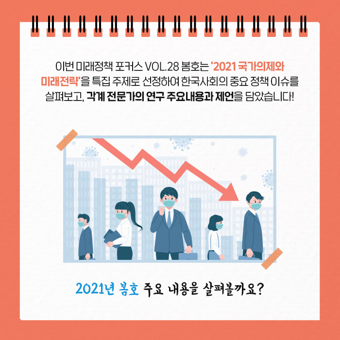 이번 미래정책 포커스 VOL. 28 봄호는 ‘국가의제와 미래전략’을 특집 주제로 선정하여 한국사회의 중요 정책 이슈를 살펴보고,  각계 전문가의 연구 주요내용과 제언을 담았습니다! | 2021년 봄호 주요 내용을 살펴볼까요? (3/12)